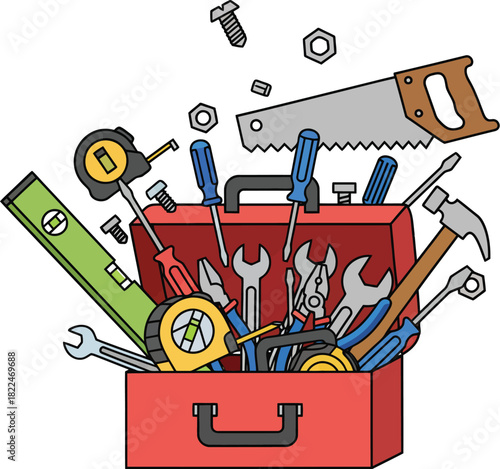 Toolbox overflowing with various worktools
