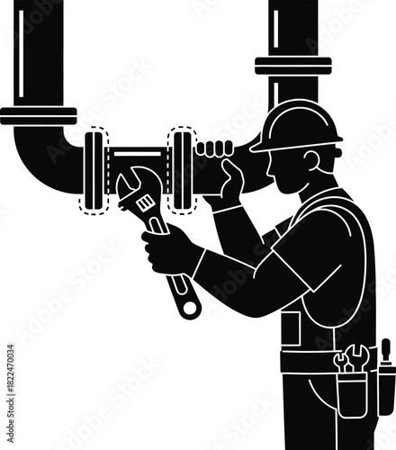 Mechanic silhouette joining pipes with a wrench, careful alignment