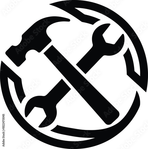 Handyman tools, crossed hammer and wrench silhouette icon