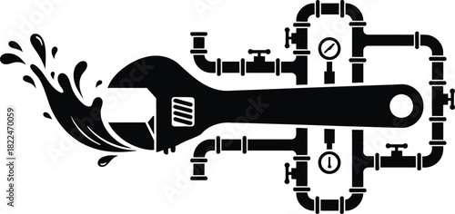 Plumbing banner concept with a central wrench silhouette
