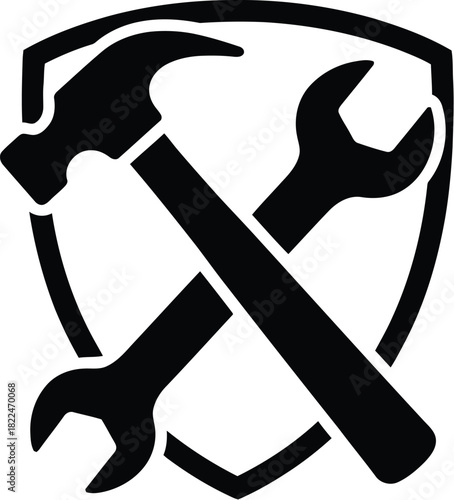 Handyman tools, crossed hammer and wrench silhouette icon