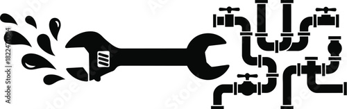 Plumbing banner concept with a central wrench silhouette