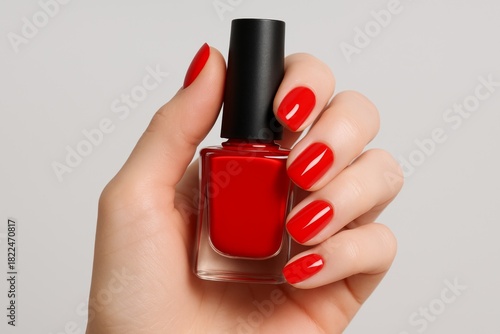 Bright red nails showcasing elegance with a stylish nail polish bottle held in a well-groomed hand against a simple background