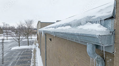 Ice buildup on gutter with snow on roof of commercial building in winter