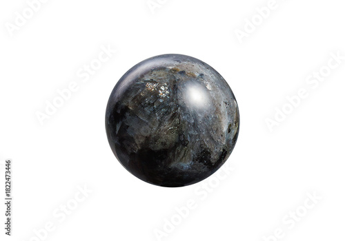A shiny black larvikite ball on a white isolated background, highlighted by delicate blue flecks and a glossy finish. Perfect for spiritual decor or gemstone displays.