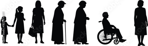 A complete black silhouette sequence illustrating the diverse life stages of a woman, from early childhood to old age and disability; isolated vector on a whi