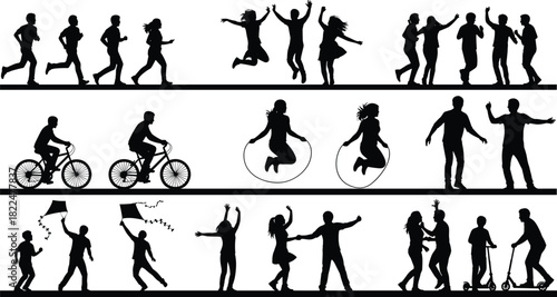 Active lifestyle silhouettes set, people running, jumping, riding bike, flying kite, skipping rope, playing scooter, outdoor recreation, isolated vector.