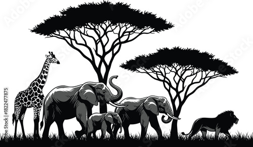 African safari wildlife silhouette featuring elephants, a giraffe, and a lion walking beneath acacia trees, 