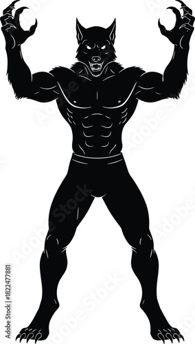 Aggressive black silhouette of a roaring werewolf monster standing with claws and arms raised, humanoid wolf creature for horror, Halloween, a background.