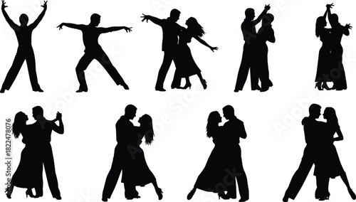 Ballroom and latin dance silhouettes, elegant couples black figures performing tango, salsa, and waltz, man and woman isolated vector illustration, classic social dancing party concept.