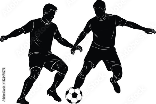 Black and white vector silhouette of two football players competing fiercely for the soccer ball in a game, dynamic action illustration for sport, team, competition, or championship design.