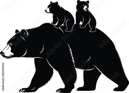 Black Bear Mother Walking with Two Cute Cubs Riding Comfortably on Her Back in a Striking Black and White Vector Graphic Illustration Design.