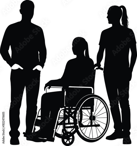 Black silhouette group of a woman sitting in a wheelchair and two supportive, standing attendants, vector illustration graphic for disability inclusion, medical assistanc