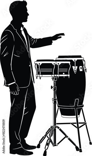 Black silhouette of a confident man in a suit standing next to conga drums or bongos, businessman in formal attire preparing to play music, vector 