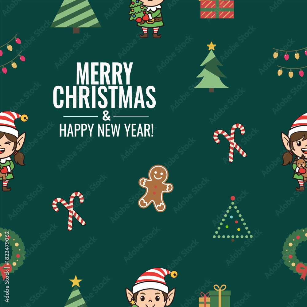 Fototapeta premium Christmas elves and holiday icons seamless pattern
