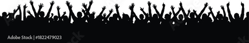 Black silhouette of a large crowd of people with hands raised cheering at a music concert party event.