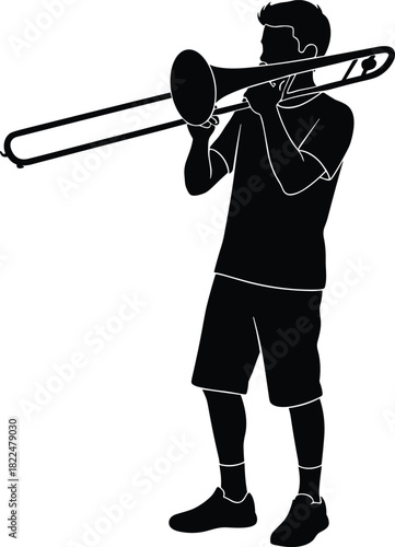 Black silhouette of a young male musician standing and playing a long slide trombone, man in casual shorts performing music, vector graphic illustration for 