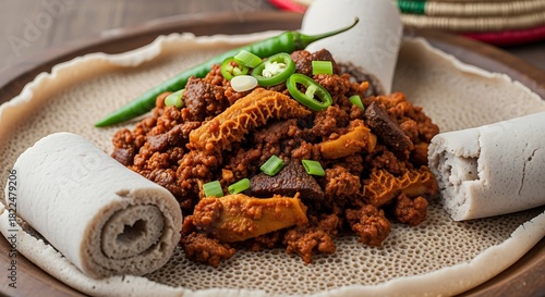 Fototapeta Naklejka Na Ścianę i Meble -  Ethiopian Tibs with Injera - A Spicy and Savory Dish.