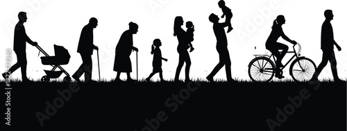 Black silhouette timeline illustration representing the cycle of life from infancy to old age, figures walking, parenting, and aging, vector graphic for human development