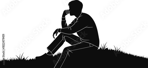 Black Silhouette Vector Illustration of a Man Sitting on Grassy Ground Deep in Thought with Hand on Chin Representing Contemplation Thinking Problem Solving Stress Reflection and Solitude Isolated