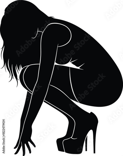 Black Silhouette Vector Illustration of a Woman Crouching in a Low Stance Wearing Platform High Heels with Long Hair Depicting Fashion Glamour Style Seduction and Feminine Pose Isolated