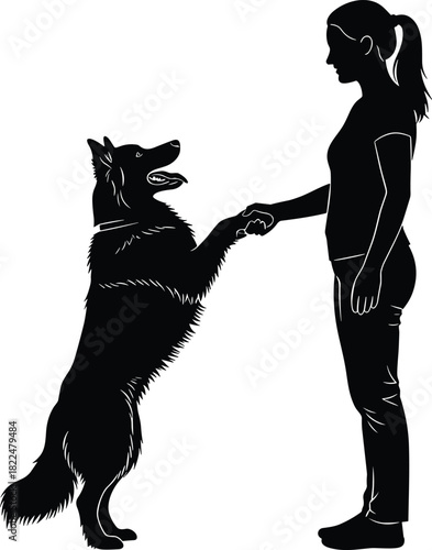 Black silhouette vector illustration of a young woman standing and shaking paws with her happy dog standing on hind legs isolated on a white background.