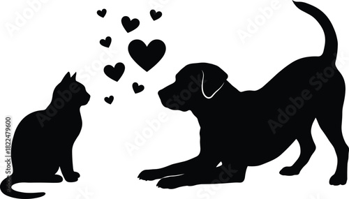 Black Silhouette Vector of a Dog and Cat Showing Affection, with Floating Hearts Representing Love, Friendship, and Veterinary Care on an Isolated White Background.