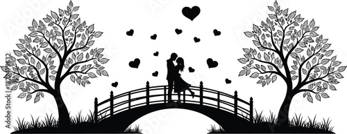 Black Silhouette Vector of a Romantic Couple Kissing on an Arch Bridge Surrounded by Two Detailed Trees and Falling Hearts Representing Love Affection Romance and Valentine's Day Isolated