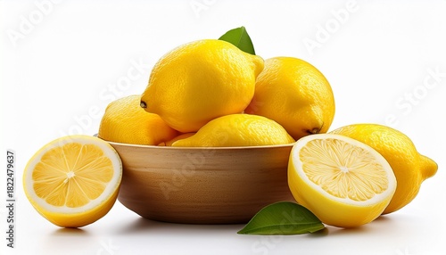 bowl of fresh lemons and lemon slices isolated on white background