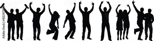 Black Silhouette Vector Set of Diverse Young Adults Cheering Celebrating and Jumping with Arms Raised Representing Happiness Success Freedom Party Energy and Excitement Isolated on White
