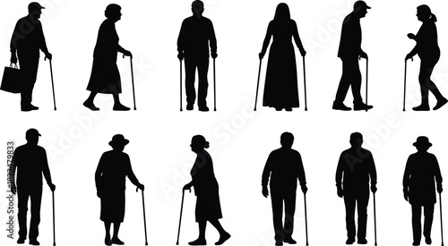 Black Silhouette Vector Set of Diverse Elderly Men and Women Walking Standing and Using Canes or Walking Sticks Representing Aging Seniority Retirement and Mature Adult Lifestyles Isolated