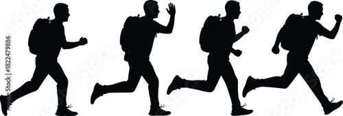 Black Silhouette Vector Set of Four Men Running or Jogging with Backpacks Representing Adventure Travel Hiking Urgency Speed Sport Fitness and Outdoor Activity Isolated on White