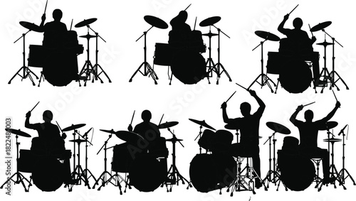 Black Silhouette Vector Set of Six Drummers Playing Different Drum Kits with Cymbals and Sticks in Various Dynamic Poses Representing Music Performance Concert Energy and Rhythm Isolated