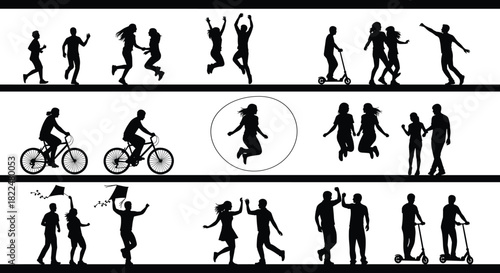 Black Silhouette Vector Set of Young People Engaged in Outdoor Activities including Running Jumping Cycling Scooter Riding and Kite Flying Representing Youth Energy and Active Lifestyle