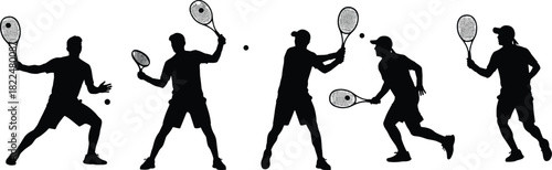 Black silhouettes of male tennis players hitting ball with racket, vector illustration isolated on white background, sport set.