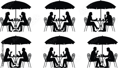 Black silhouettes set of couples sitting at cafe tables under umbrellas, talking, drinking, isolated on white, vector illustration
