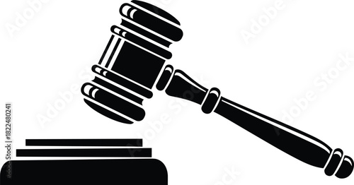 Black vector silhouette of a judge's wooden gavel and sound block, symbolizing justice, law, auction, judgment, court, and authority, isolated icon for legal or judicial themes.