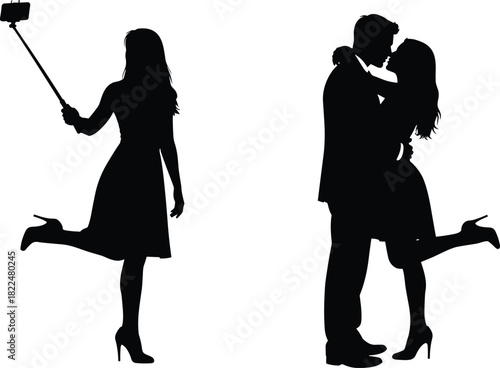 Black vector silhouettes of a woman taking a selfie with a stick and a passionate couple kissing deeply, dynamic icons for social media, technology, love, romance, and modern lifestyle themes.