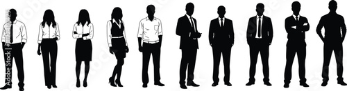 Business People Silhouette Vector Set, Diverse Group of Men and Women in Corporate Attire, Representing Teamwork, Professional Staff, Human Resources, and Business Management Graphic Collection.