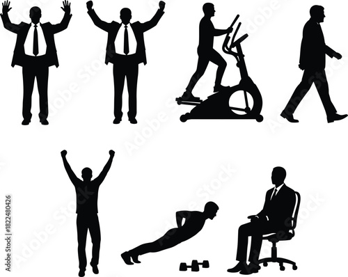 Business and fitness silhouette, office worker, push-up pose, elliptical machine, walking figure, raised arms, healthy lifestyle, professional balance, vector illustration, black figure