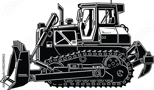 Bulldozer illustration, heavy machinery, construction equipment, front blade, ripper attachment, hydraulic pistons, track rollers, engineering design, vector drawing, black and white