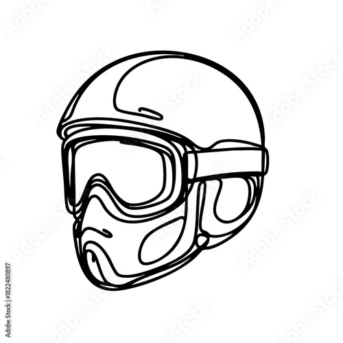 Line art sport helmet with goggles. Minimalist sketch of protective headgear for motorcycle or skiing. Vector icon for safety and adventure themes
