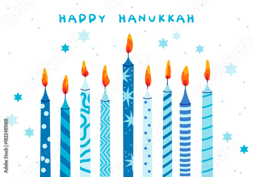 Hanukkah greeting card with candles. Happy Hanukkah, Jewish holiday background. Vector Hanukkah background
