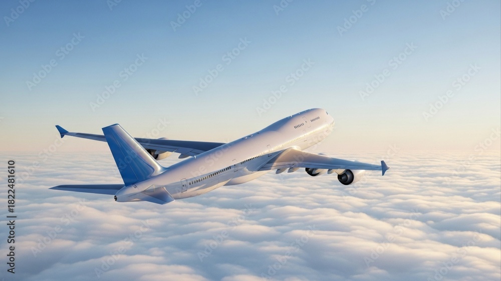 Obraz premium Airplane flying above clouds in a blue sky.