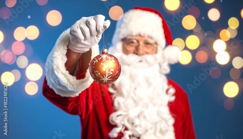 Happy Santa Claus holding glowing christmas bauble over defocused blue background.