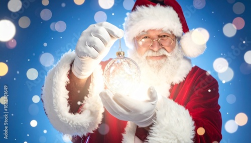 Happy Santa Claus holding glowing christmas bauble over defocused blue background.