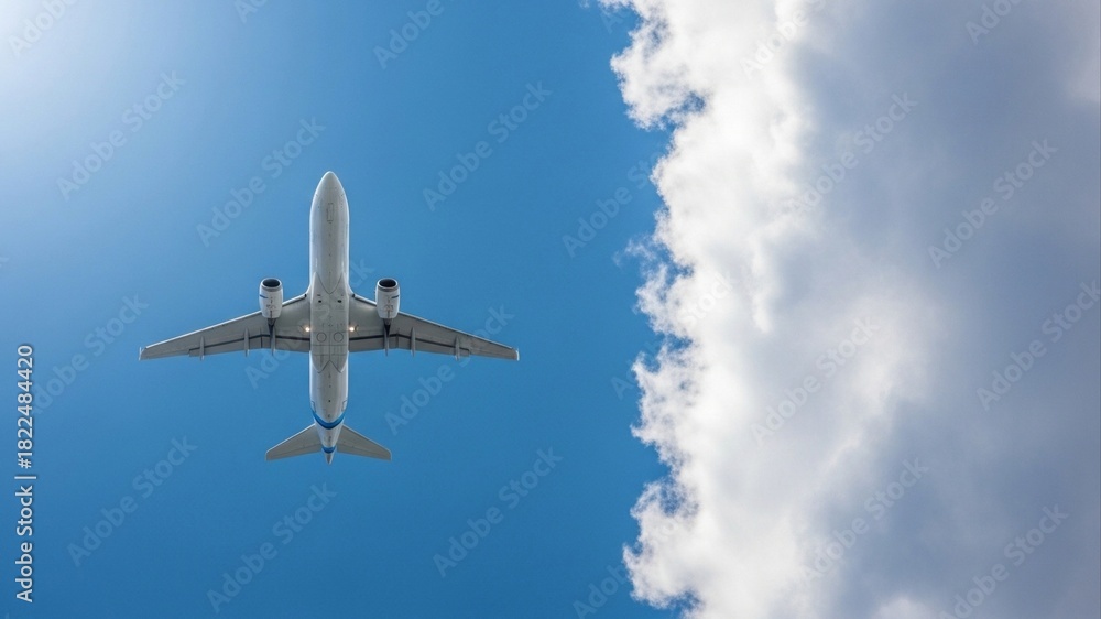 Obraz premium Airplane soars through a vibrant blue sky with fluffy clouds.