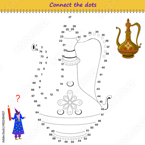 Connect the dots from 1 to 75 and draw an ancient oriental jug. Trace the line between numbers. Coloring book. Developing counting skills. Logic puzzle game for kids. Activity sheet. Vector image.