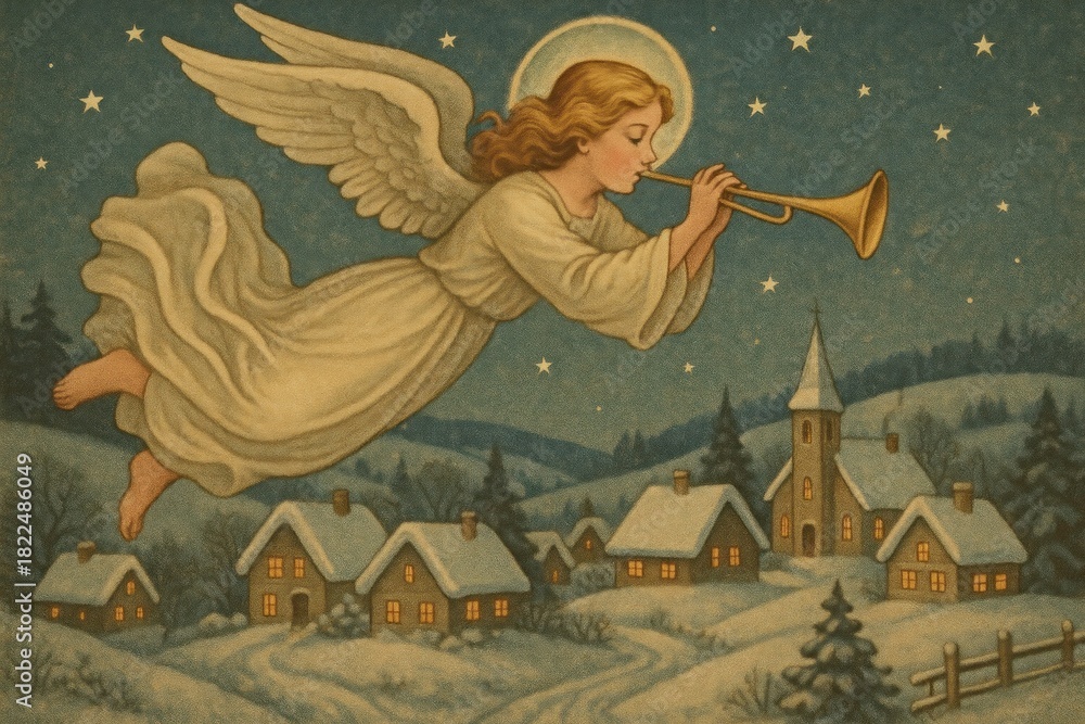 Naklejka premium Angel playing trumpet over village background