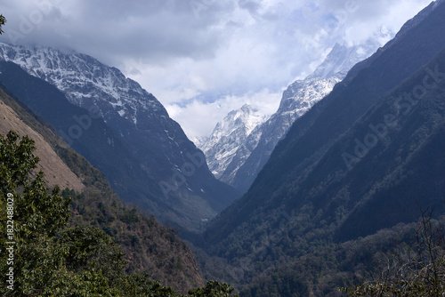 A view of the valley on the route to Annapurna Base Camp in Nepal. The Himalayas are visible, showcasing snowy peaks and dense forests along the trekking path
